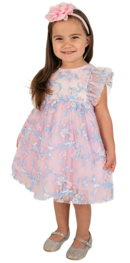 Pink and Blue Embroidered Lace on Pink Tulle